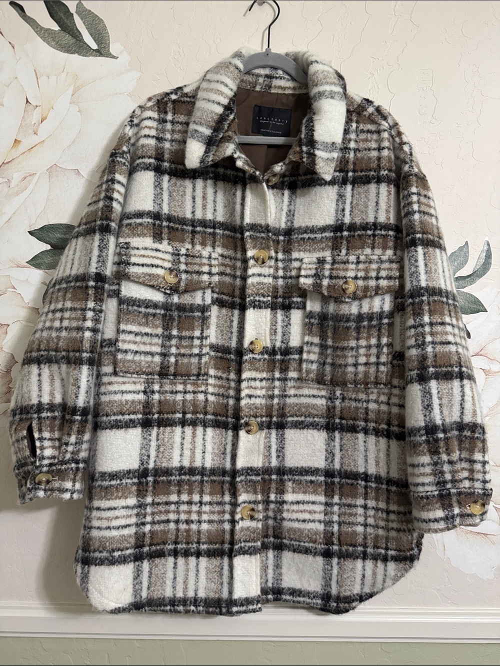 Sanctuary Plaid Shacket in Cream, Brown & Black, Sz. XL